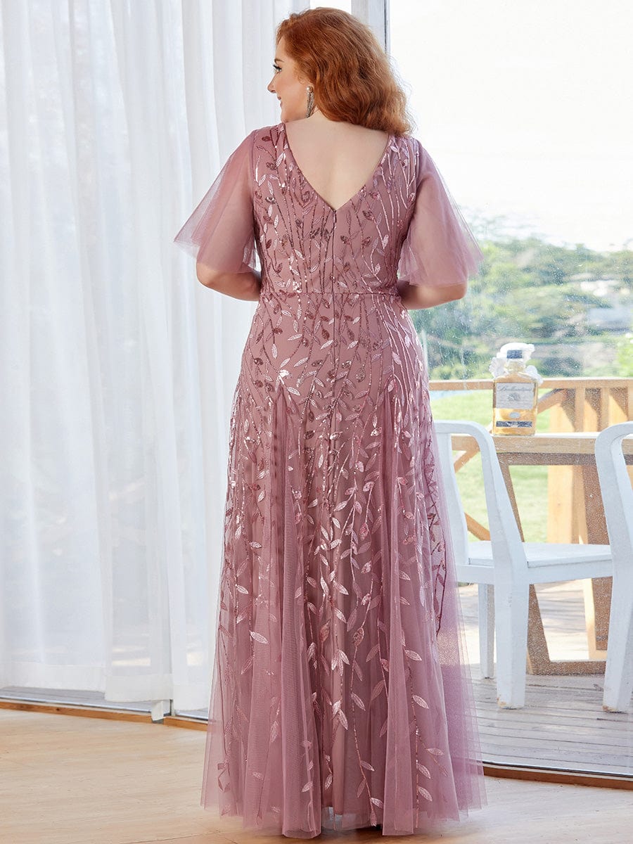 Custom Size Romantic Shimmery V Neck Ruffle Sleeves Maxi Long Evening Gowns #color_Purple Orchid