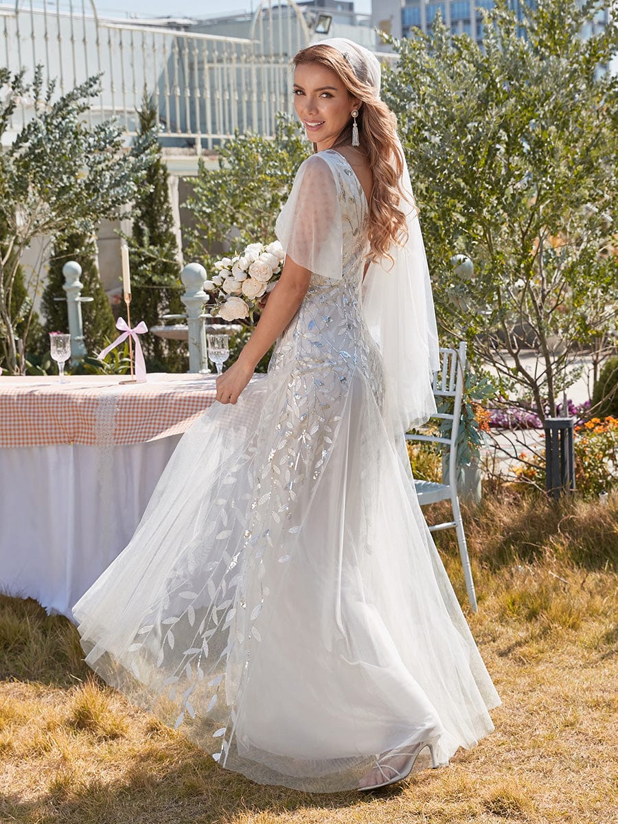 Stunning V Neck Long Wedding Guest Dress with Ruffle Sleeves #color_White