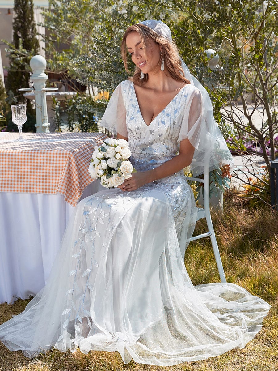 Stunning V Neck Long Wedding Guest Dress with Ruffle Sleeves #color_White