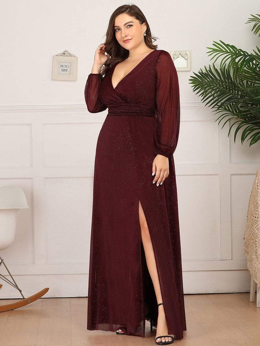 Women's Sexy V-Neck Shiny Plus Size Evening Dresses with Long Sleeve #color_Burgundy