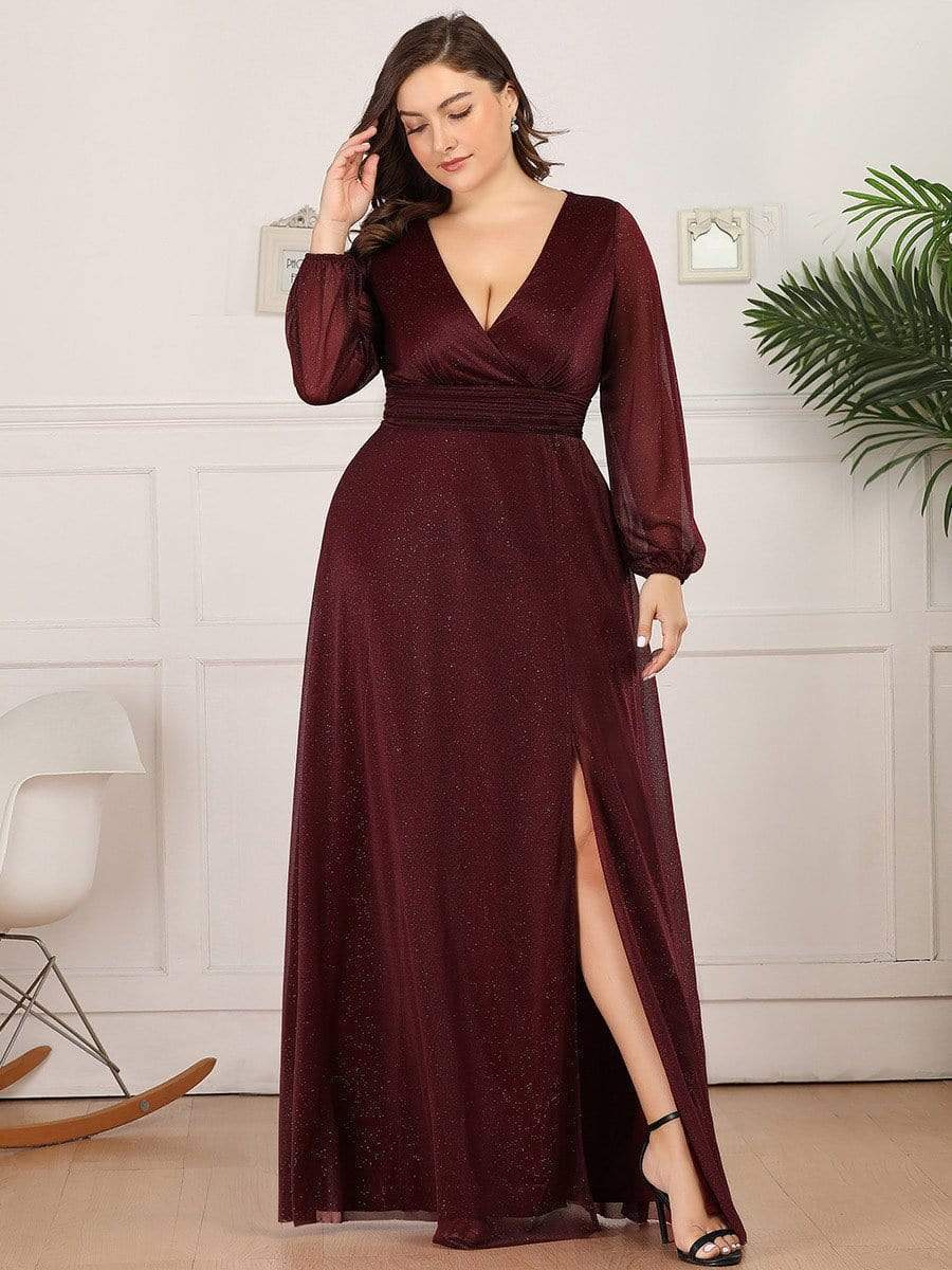 Women's Sexy V-Neck Shiny Evening Dresses with Long Sleeve #color_Burgundy