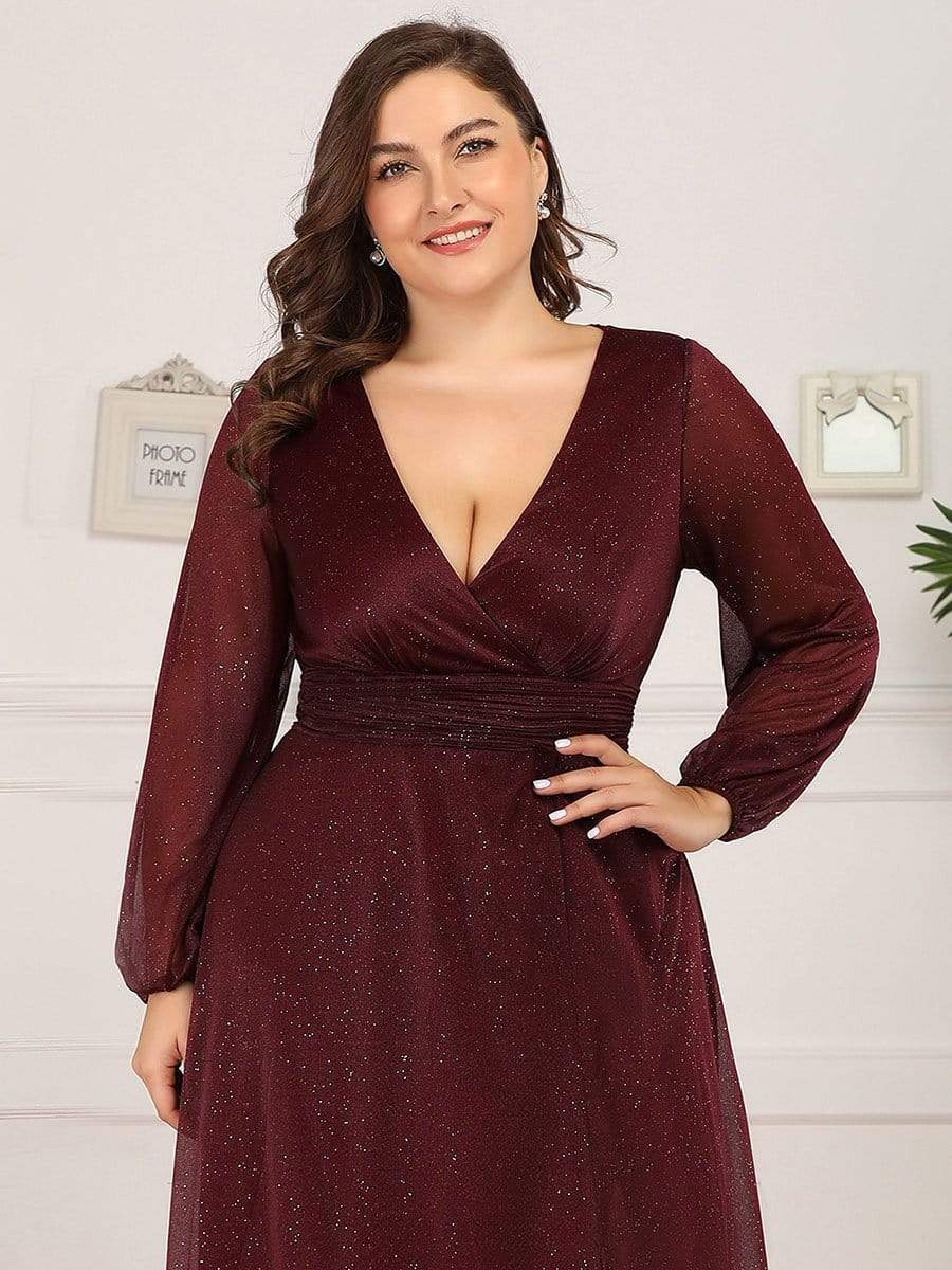 Stunning V-Neck Long Sleeve Wedding Guest Dresses #color_Burgundy