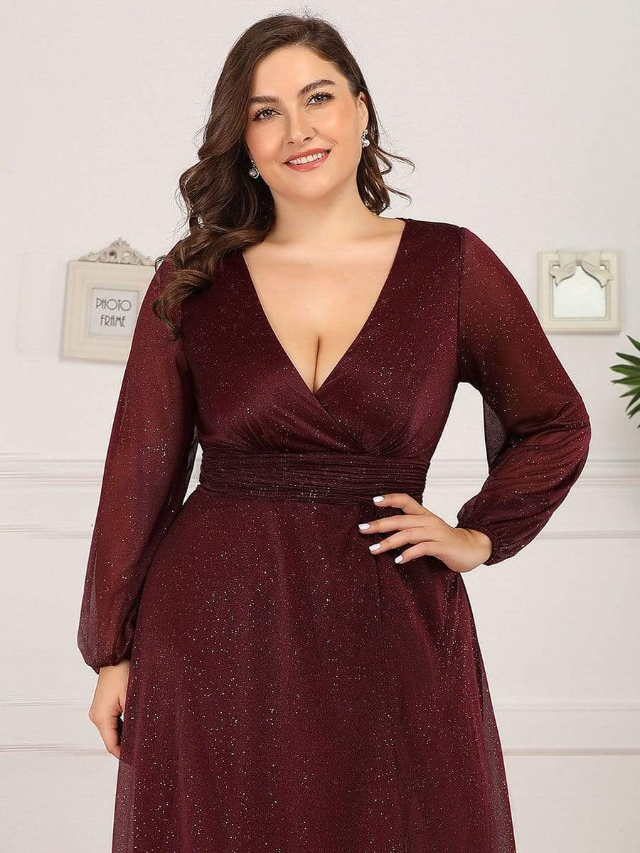 Women's Sexy V-Neck Shiny Evening Dresses with Long Sleeve #color_Burgundy