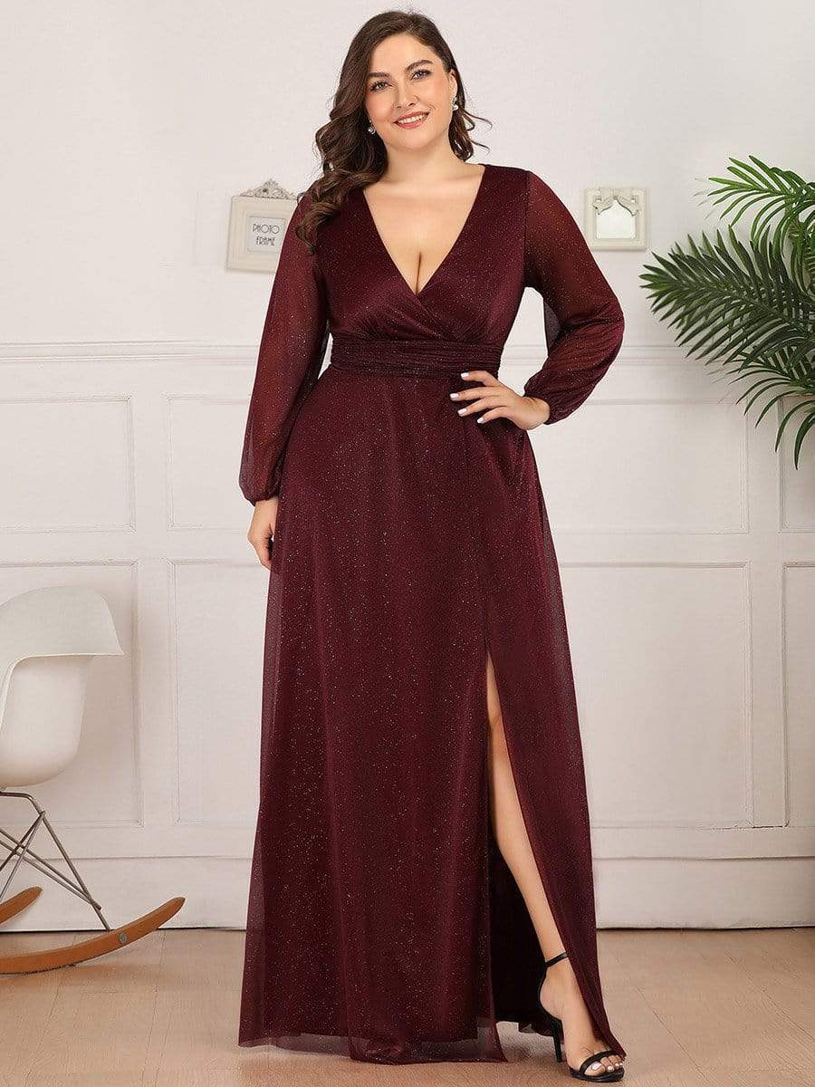 Women s Sexy V Neck Shiny Plus Size Evening Dresses with Long Sleeve Final Sale