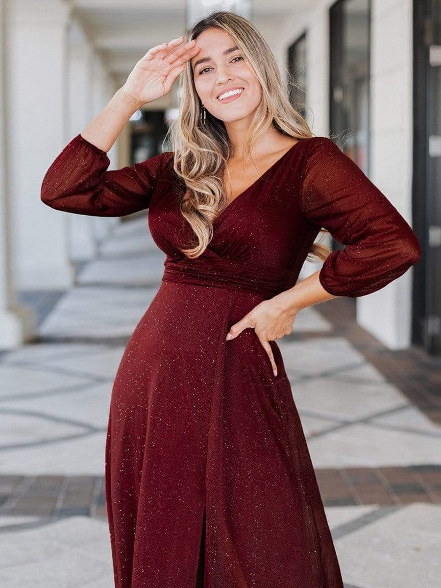 Women's Sexy V-Neck Shiny Evening Dresses with Long Sleeve #color_Burgundy