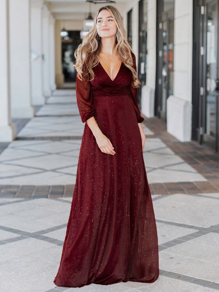 Stunning V-Neck Long Sleeve Wedding Guest Dresses #color_Burgundy