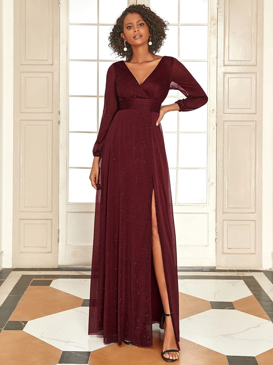 Stunning V-Neck Long Sleeve Wedding Guest Dresses #color_Burgundy