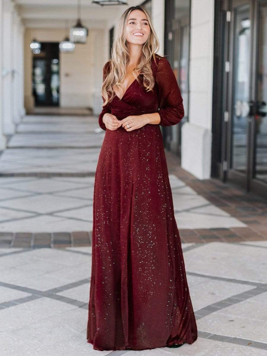 Stunning V-Neck Long Sleeve Wedding Guest Dresses #color_Burgundy