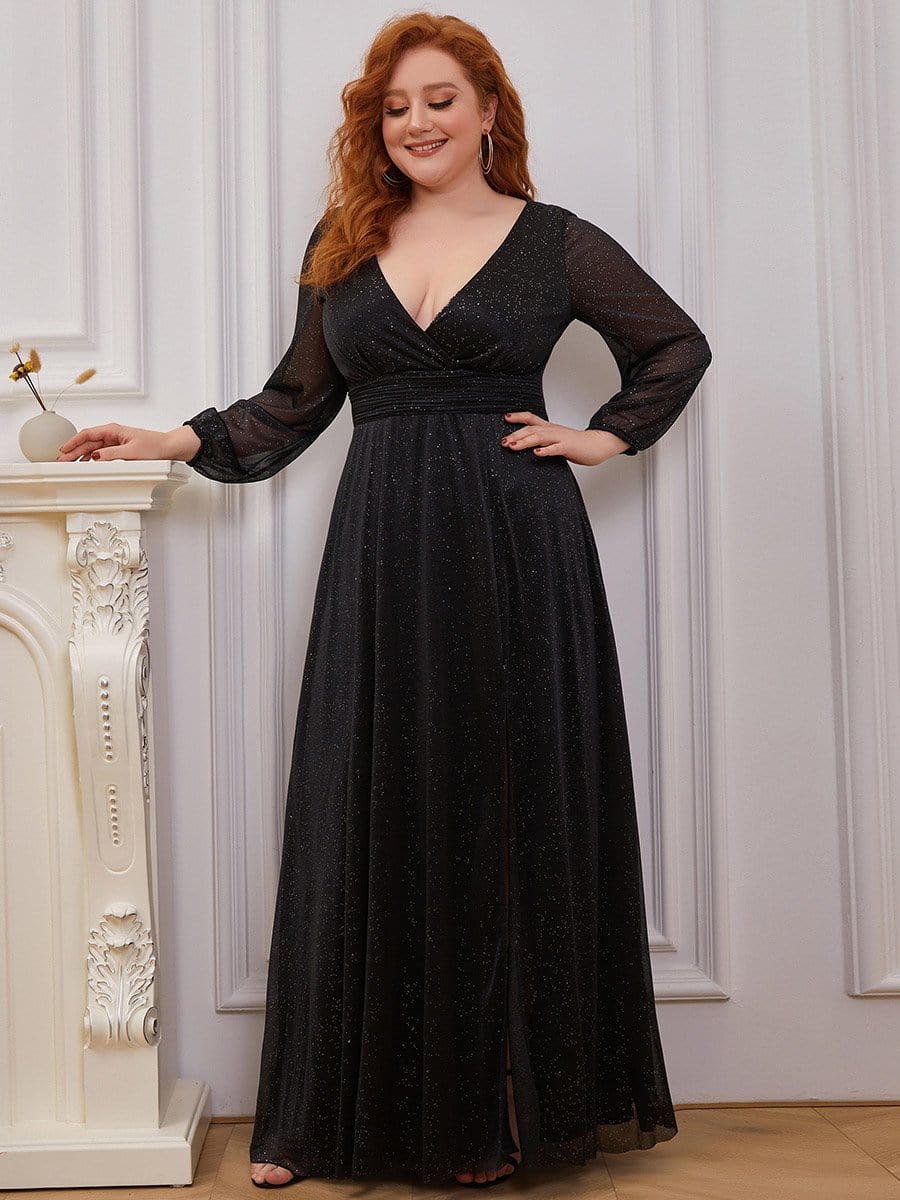 Women s Sexy V Neck Shiny Plus Size Evening Dresses with Long Sleeve Final Sale