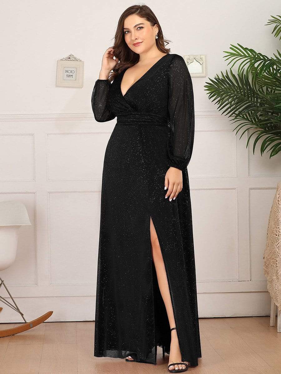 Women's Sexy V-Neck Shiny Evening Dresses with Long Sleeve #color_Black