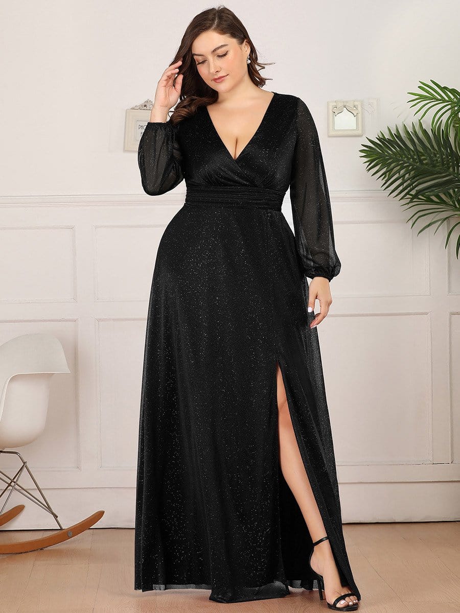 Women's Sexy V-Neck Shiny Plus Size Evening Dresses with Long Sleeve #color_Black