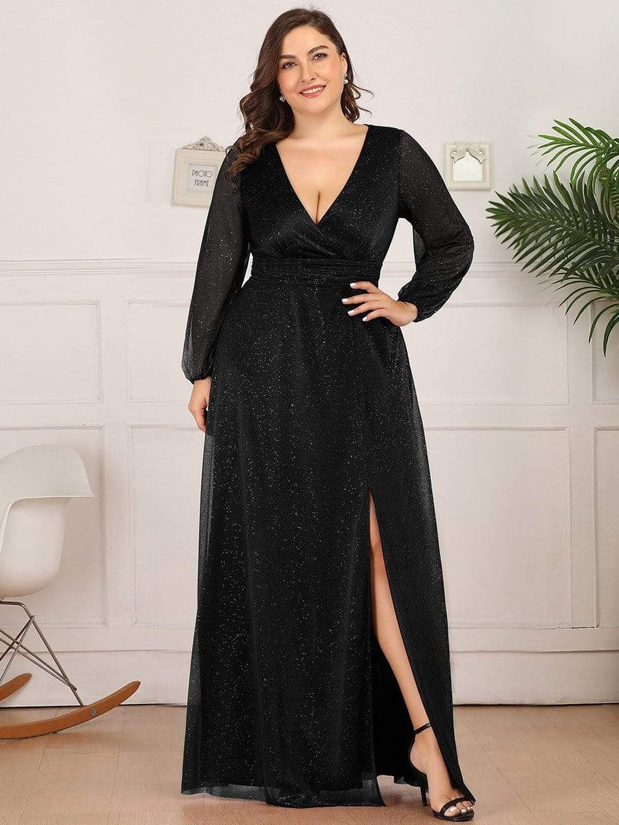 Stunning V-Neck Long Sleeve Wedding Guest Dresses #color_Black