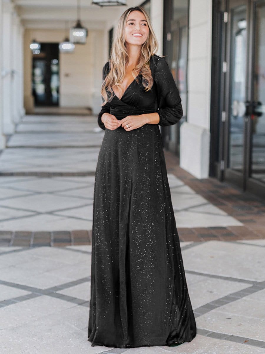 Stunning V-Neck Long Sleeve Wedding Guest Dresses #color_Black