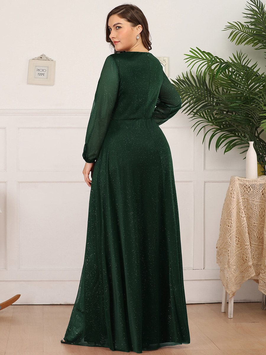 Women's Sexy V-Neck Shiny Evening Dresses with Long Sleeve #color_Dark Green