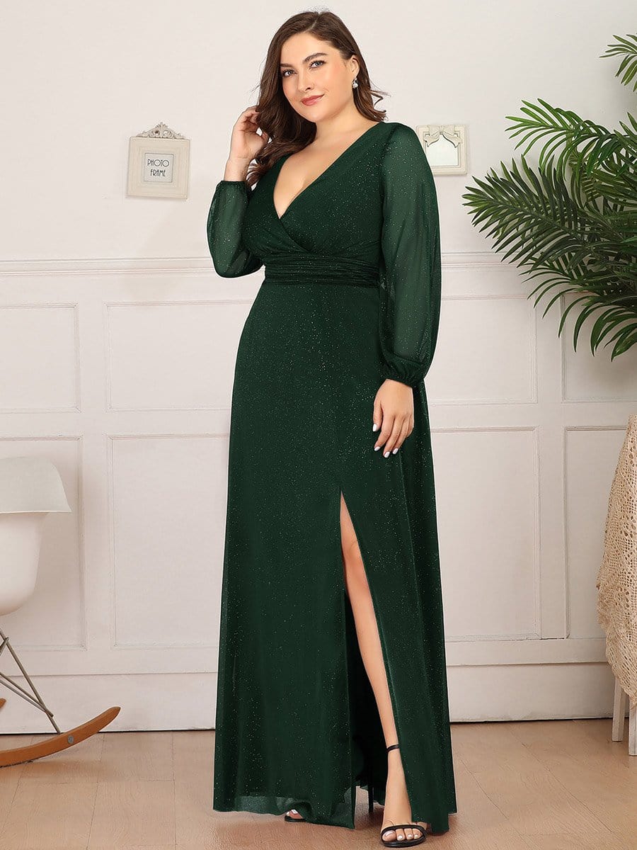 Stunning V-Neck Long Sleeve Wedding Guest Dresses #color_Dark Green