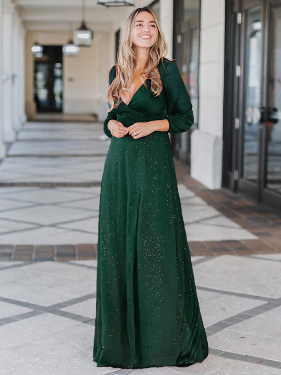 Stunning V-Neck Long Sleeve Wedding Guest Dresses #color_Dark Green