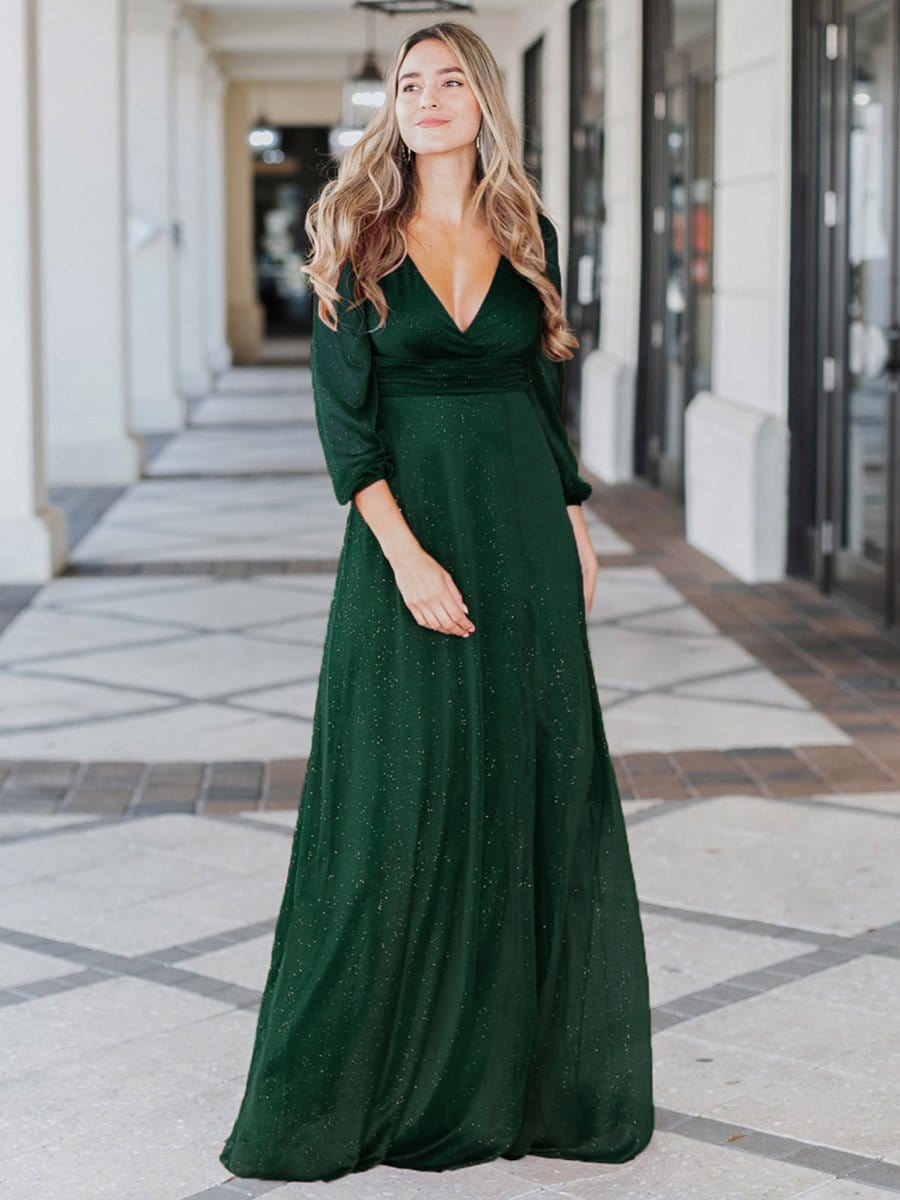 Stunning V-Neck Long Sleeve Wedding Guest Dresses #color_Dark Green