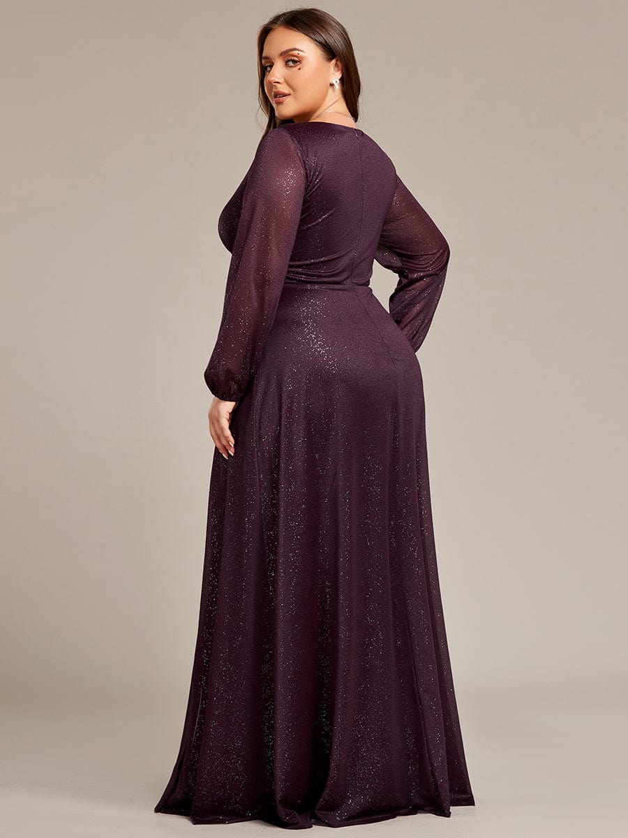 Women's Sexy V-Neck Shiny Plus Size Evening Dresses with Long Sleeve #color_Dark Purple
