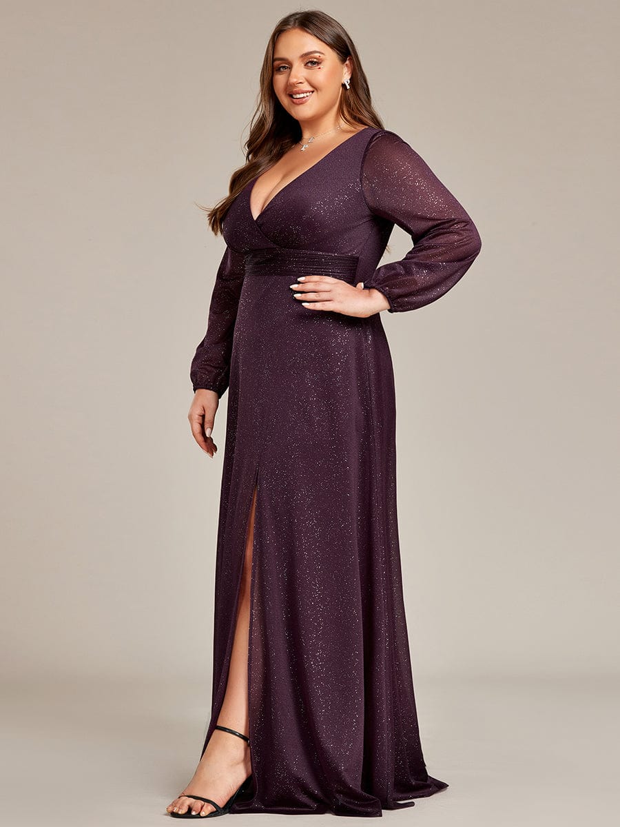 Women's Sexy V-Neck Shiny Evening Dresses with Long Sleeve #color_Dark Purple