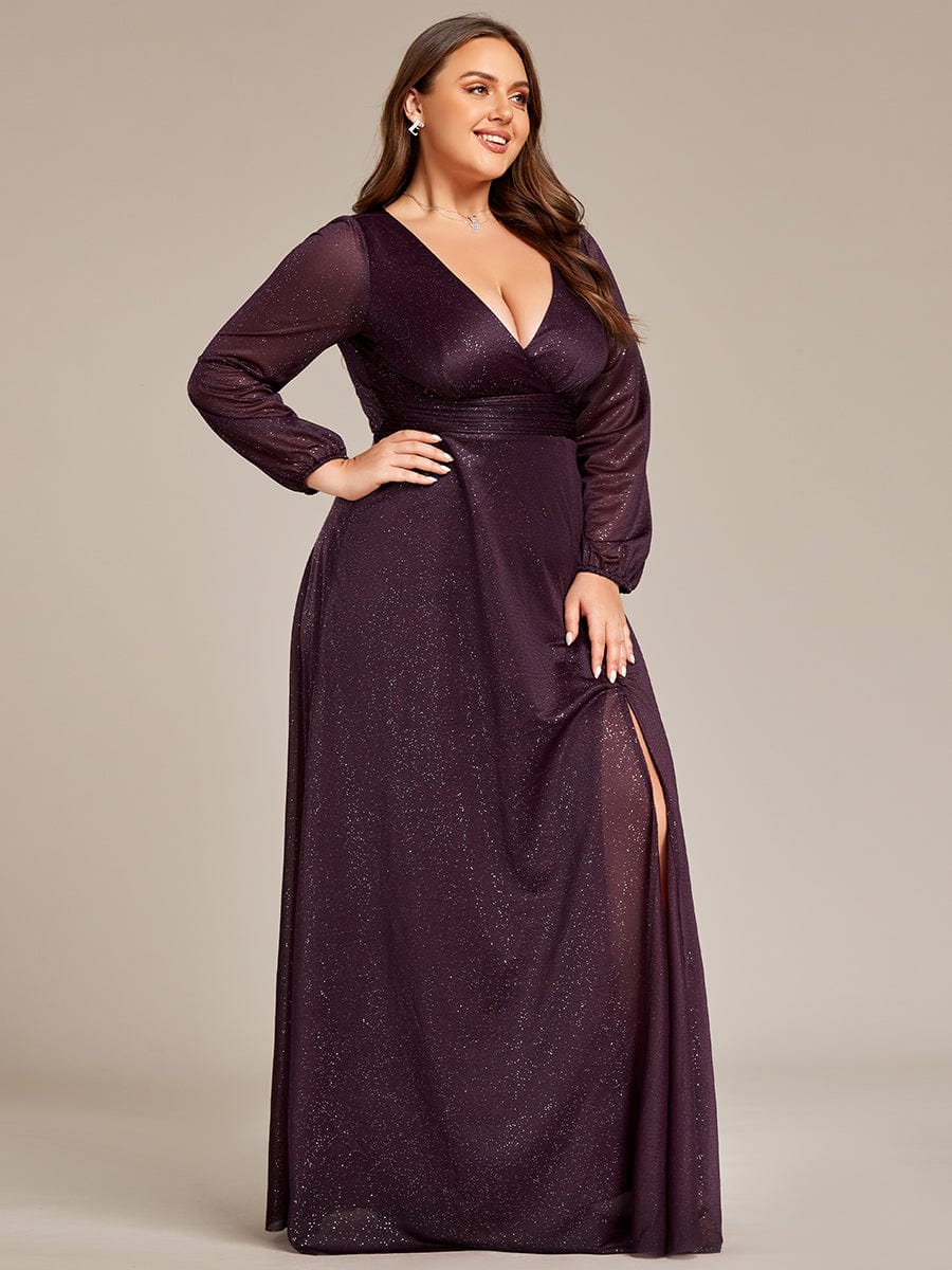 Women's Sexy V-Neck Shiny Plus Size Evening Dresses with Long Sleeve #color_Dark Purple