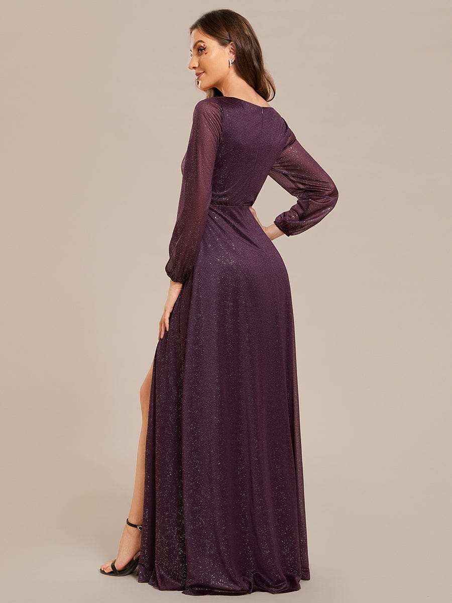 Women's Sexy V-Neck Shiny Evening Dresses with Long Sleeve #color_Dark Purple
