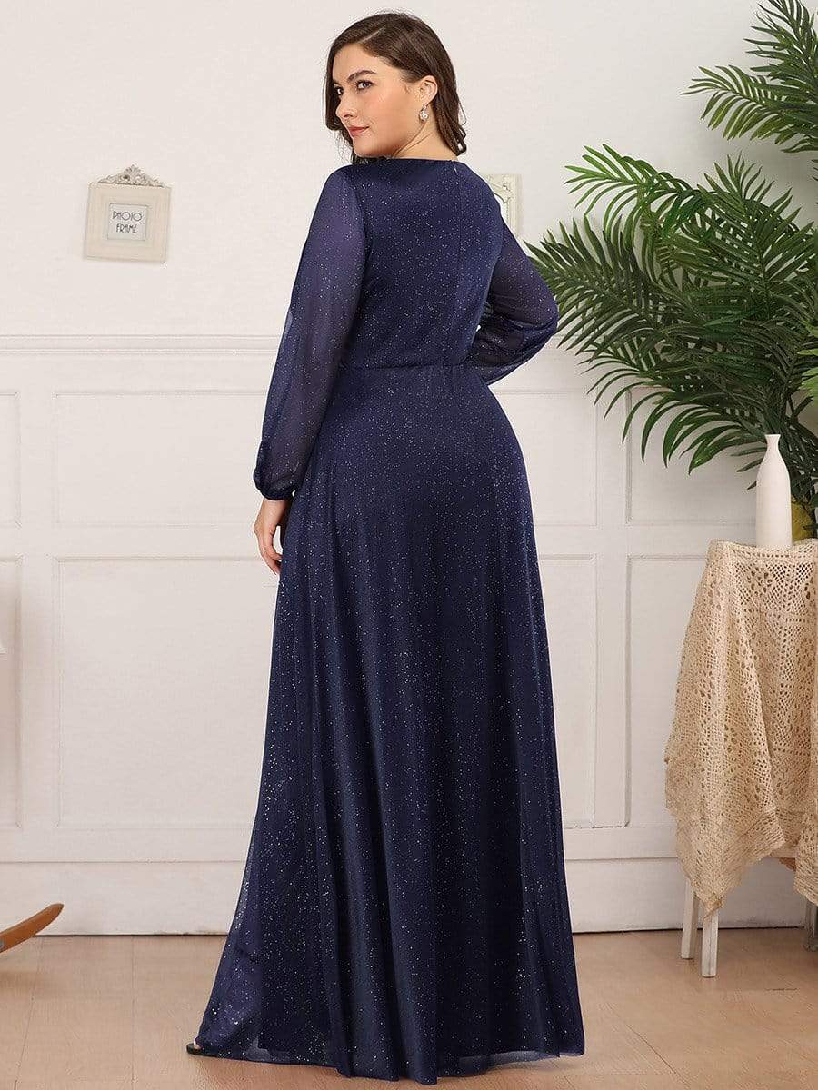 Women's Sexy V-Neck Shiny Plus Size Evening Dresses with Long Sleeve #color_Navy Blue
