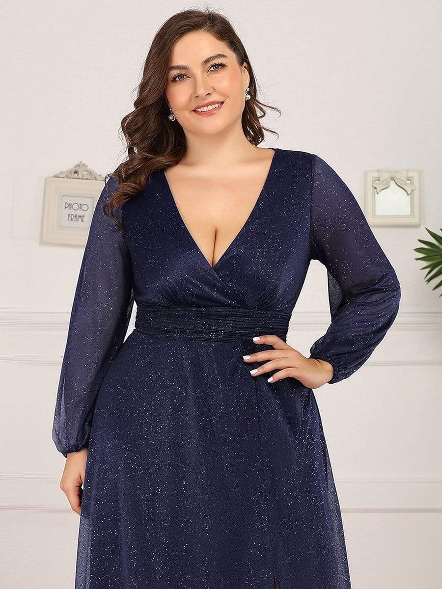 Women's Sexy V-Neck Shiny Plus Size Evening Dresses with Long Sleeve #color_Navy Blue