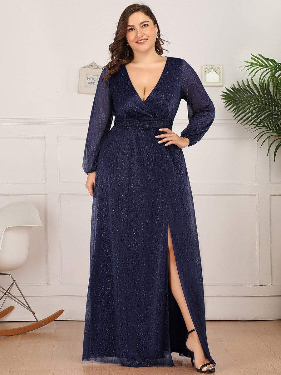 Women's Sexy V-Neck Shiny Plus Size Evening Dresses with Long Sleeve #color_Navy Blue