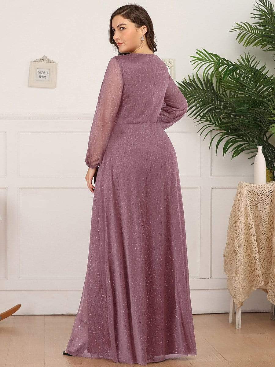 Women's Sexy V-Neck Shiny Plus Size Evening Dresses with Long Sleeve #color_Purple Orchid