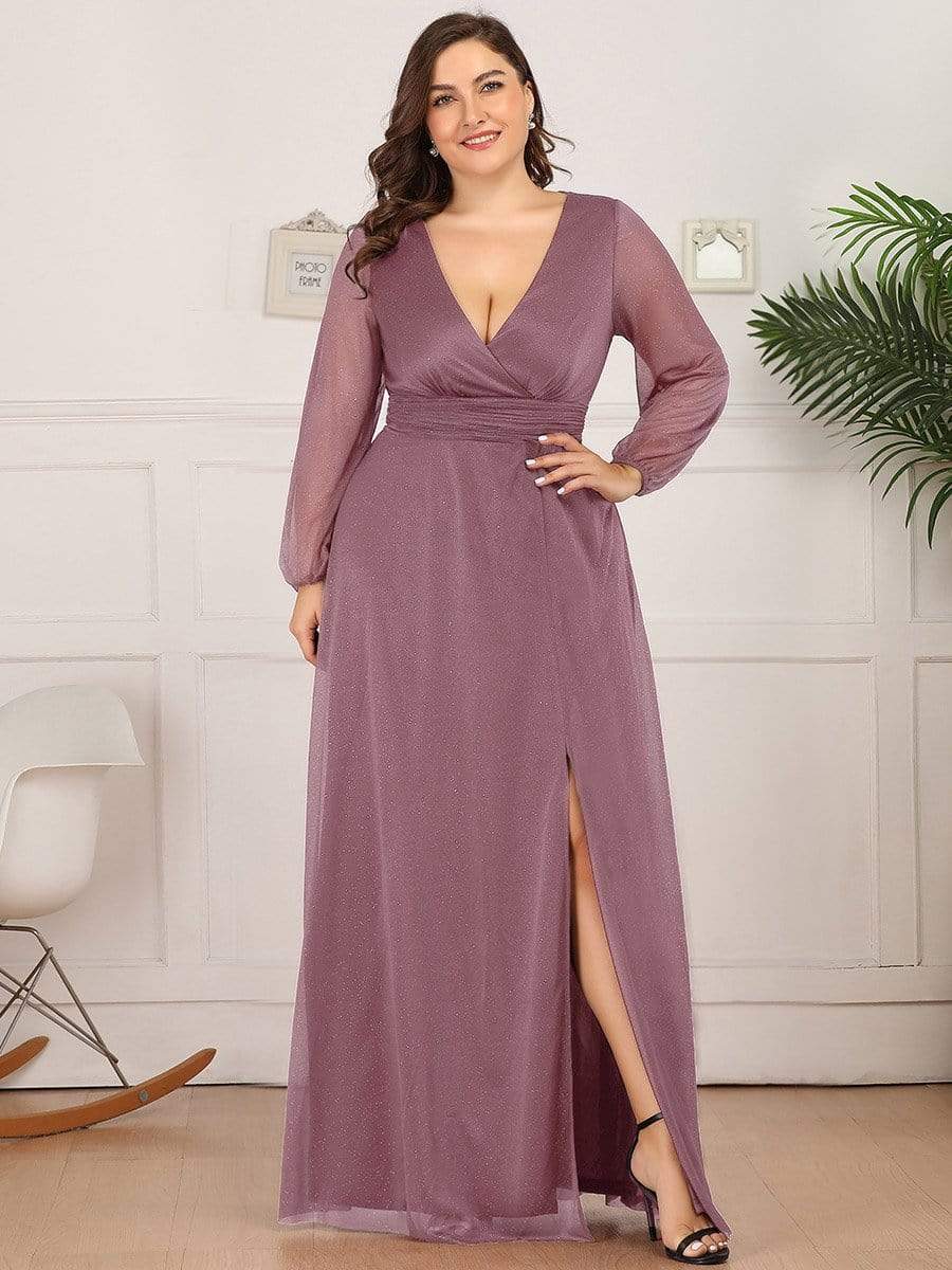 Women's Sexy V-Neck Shiny Plus Size Evening Dresses with Long Sleeve #color_Purple Orchid