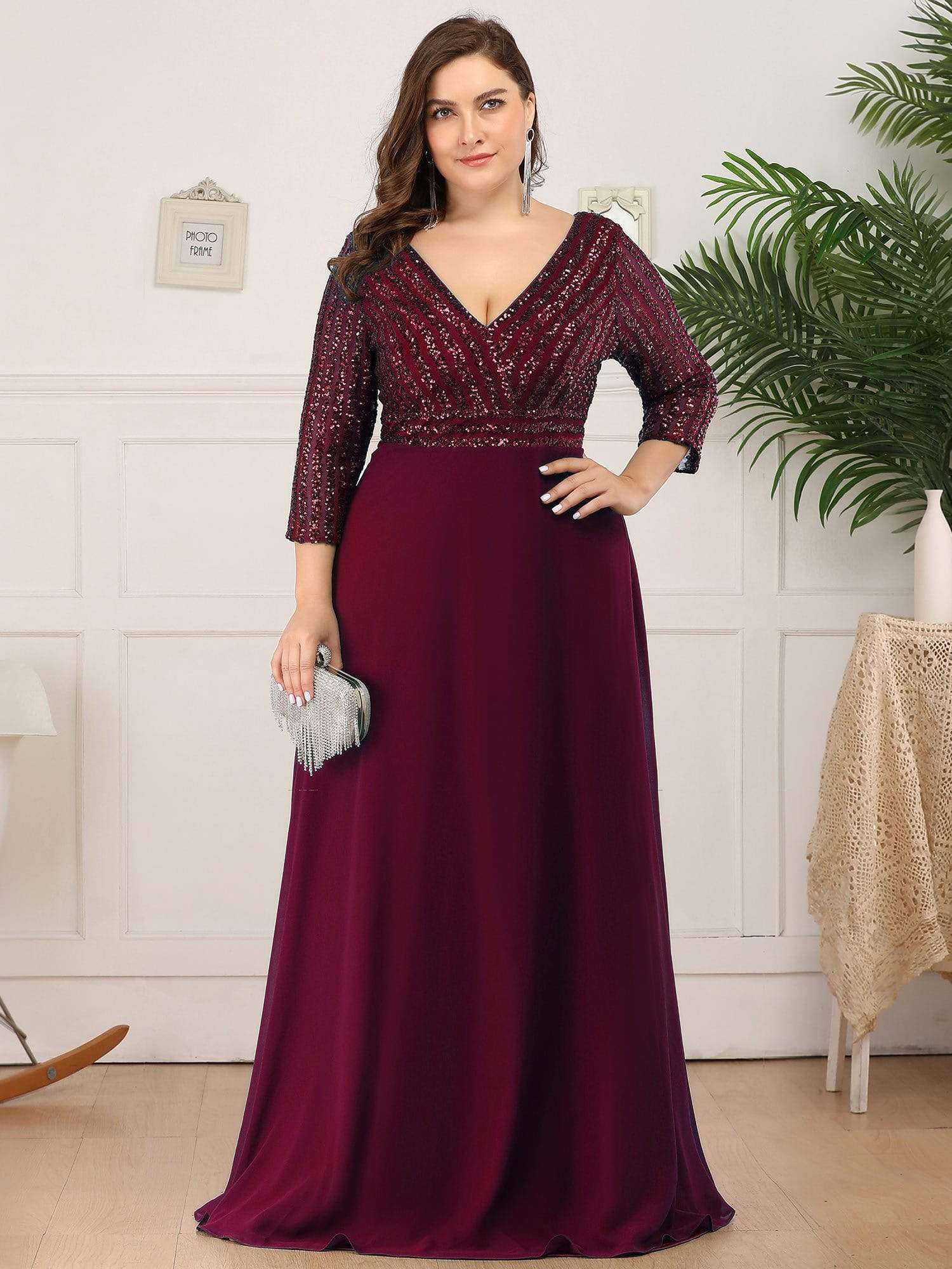 Custom Size Sexy V Neck A-Line Sequin Evening Dresses with 3/4 Sleeve #color_Burgundy