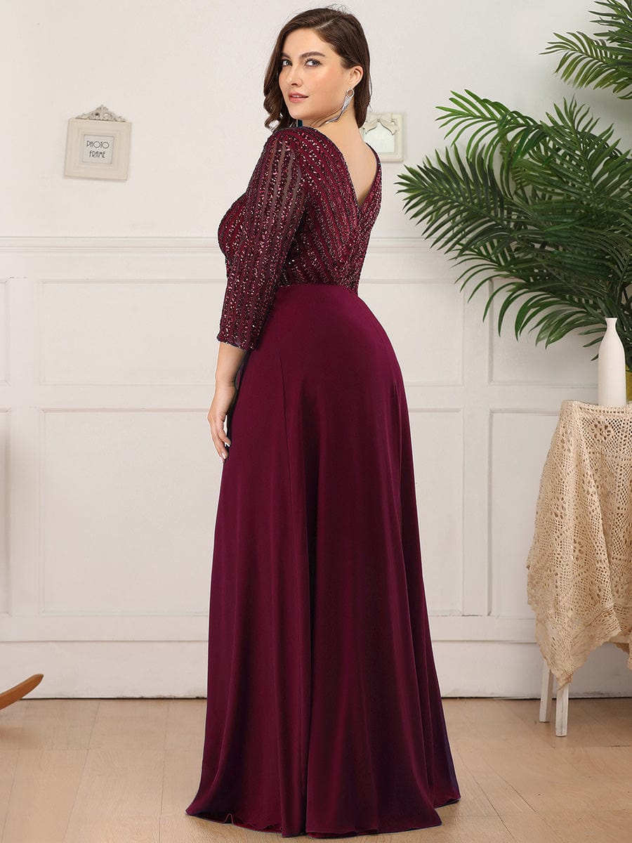 Custom Size Sexy V Neck A-Line Sequin Evening Dresses with 3/4 Sleeve #color_Burgundy