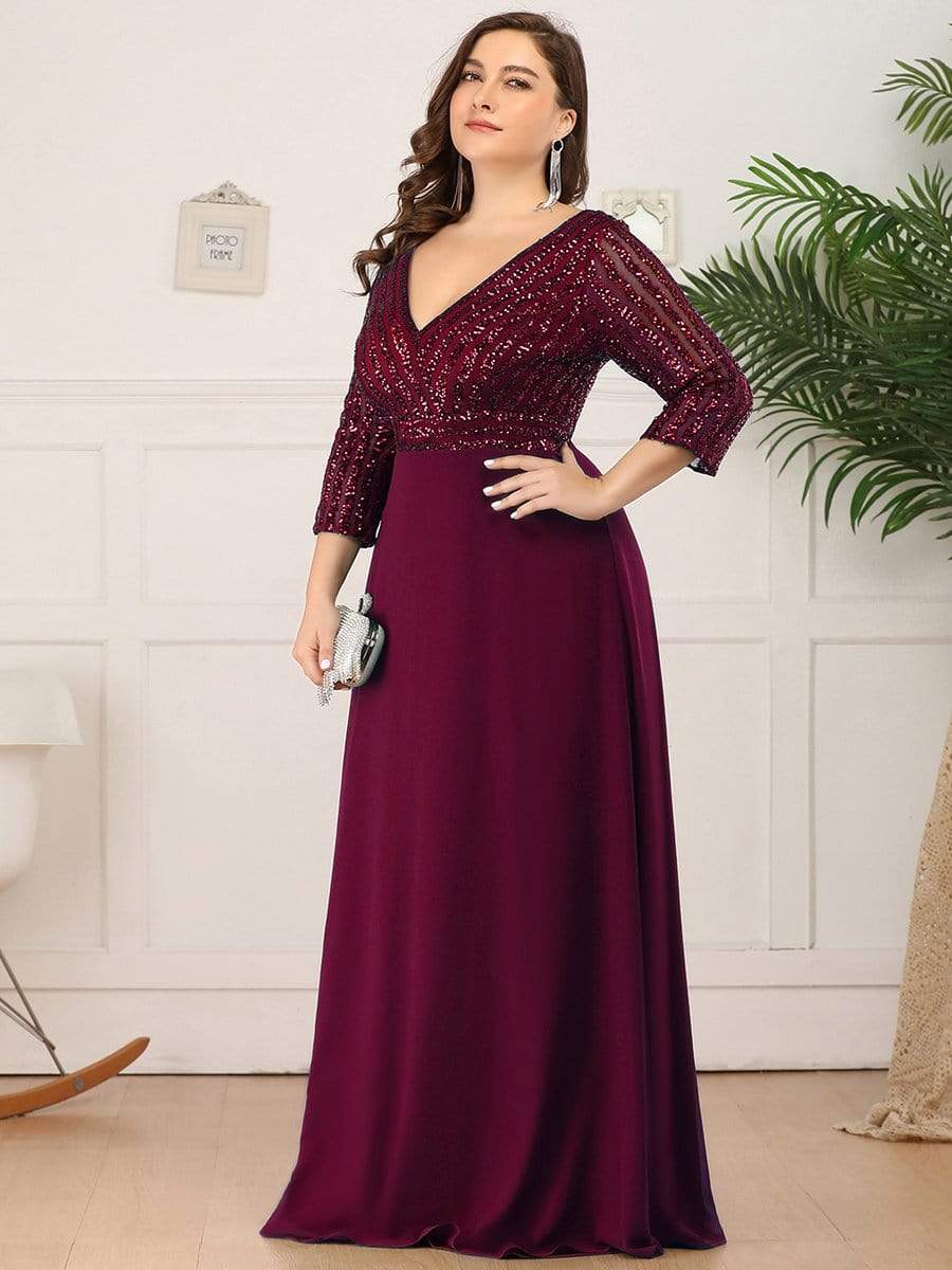 Plus Size Sexy V Neck A-Line Sequin Evening Dress with Sleeve #color_Burgundy