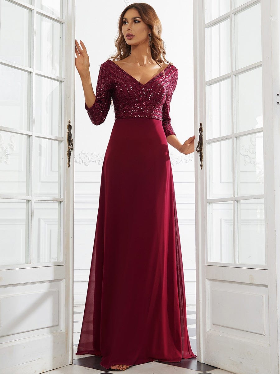 Custom Size Sexy V Neck A-Line Sequin Evening Dresses with 3/4 Sleeve #color_Burgundy