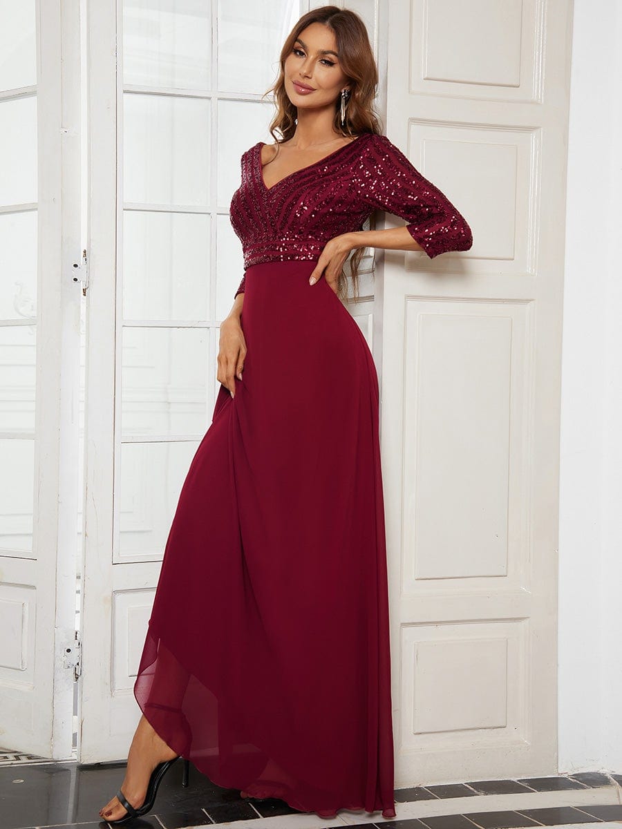 Custom Size Sexy V Neck A-Line Sequin Evening Dresses with 3/4 Sleeve #color_Burgundy