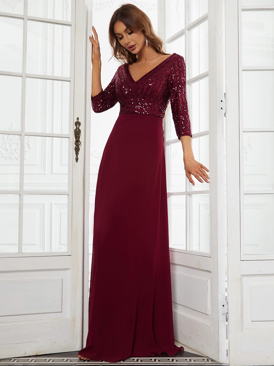 Sexy V Neck A-Line Sequin Evening Dresses with 3/4 Sleeve #color_Burgundy