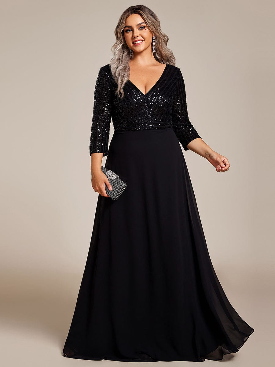 Plus Size Sexy V Neck A-Line Sequin Evening Dress with Sleeve #color_Black