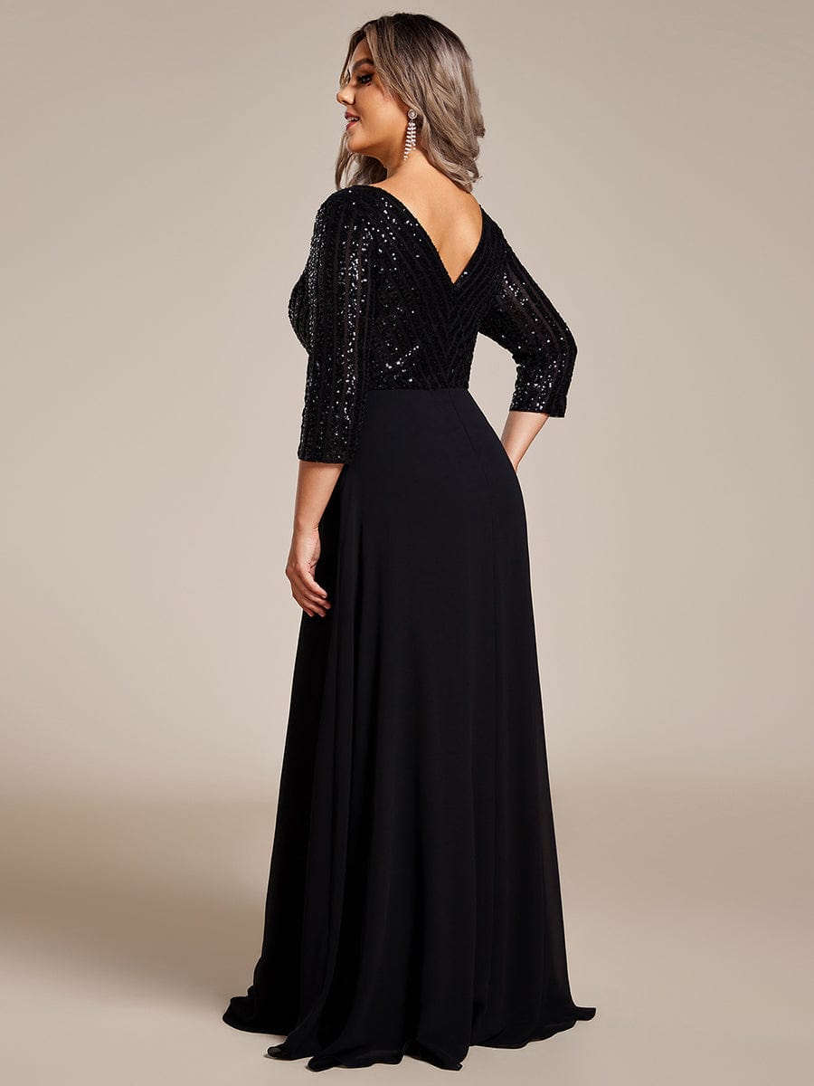 Sexy V Neck A-Line Sequin Evening Dresses with 3/4 Sleeve #color_Black