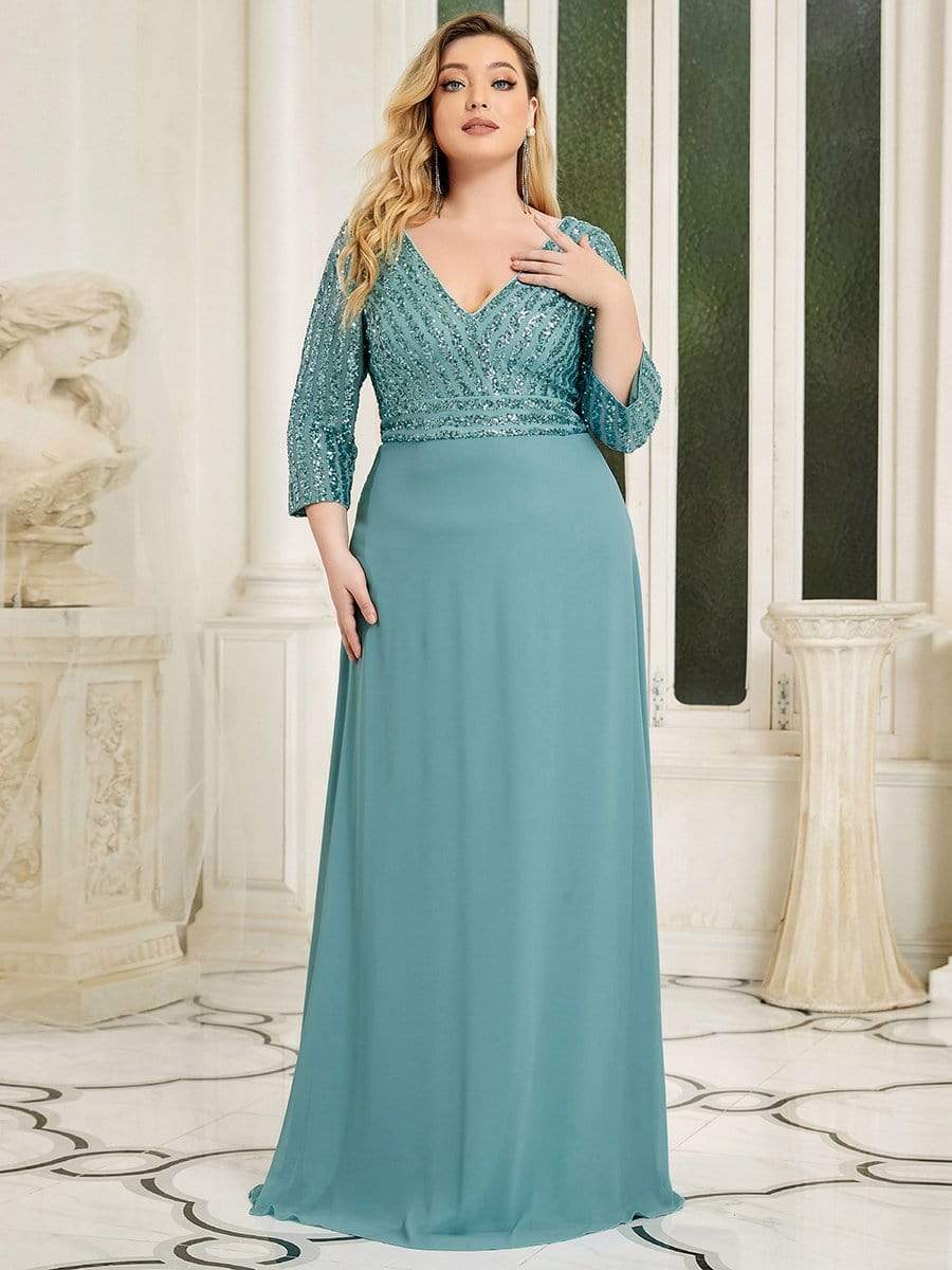 Plus Size Sexy V Neck A-Line Sequin Evening Dress with Sleeve #color_Dusty Blue