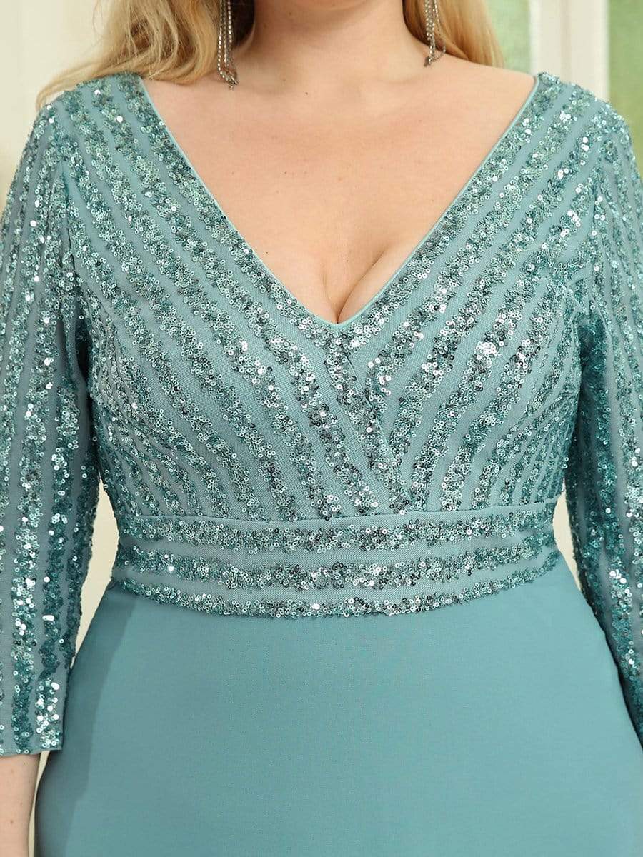 Custom Size Sexy V Neck A-Line Sequin Evening Dresses with 3/4 Sleeve #color_Light Teal