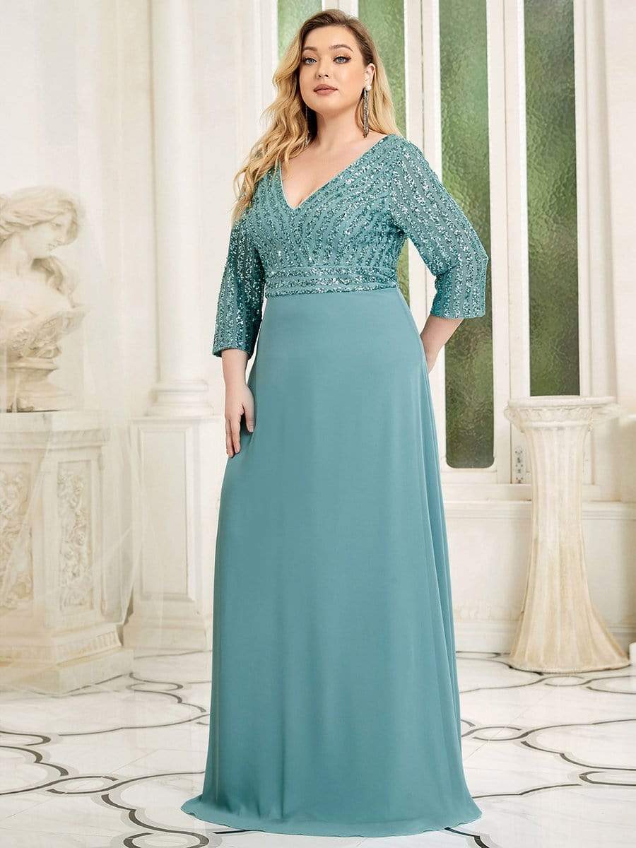 Sexy V Neck A-Line Sequin Evening Dresses with 3/4 Sleeve #color_Dusty Blue