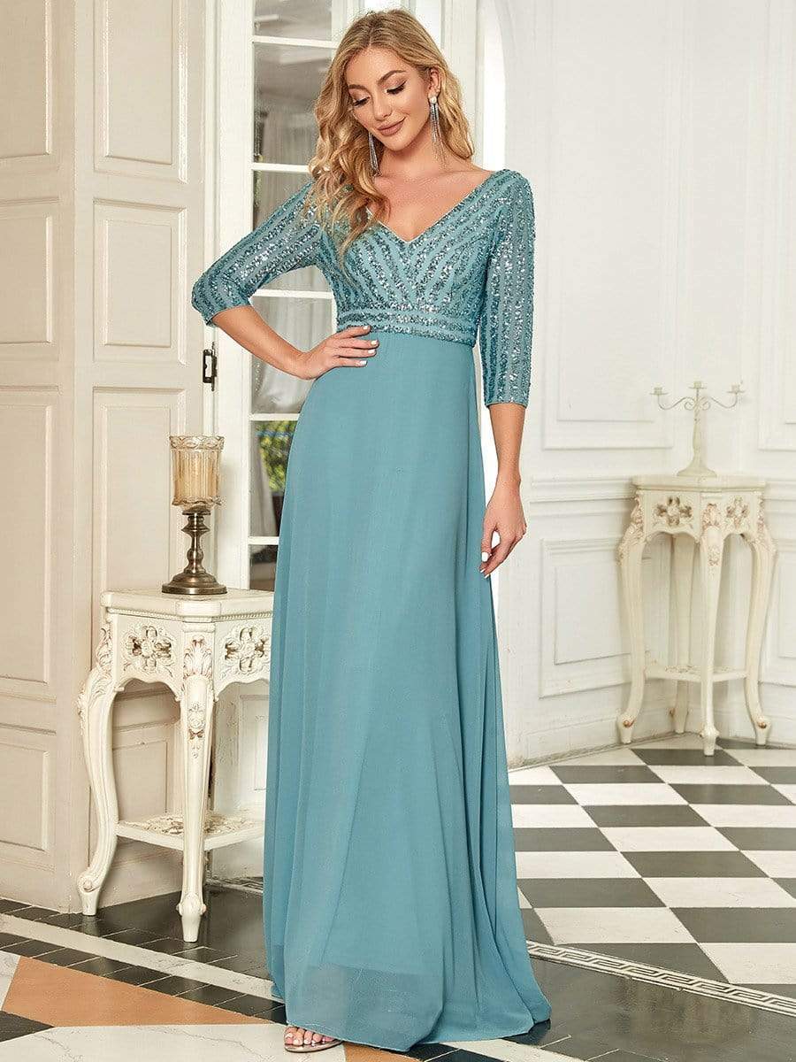 Custom Size Sexy V Neck A-Line Sequin Evening Dresses with 3/4 Sleeve #color_Light Teal