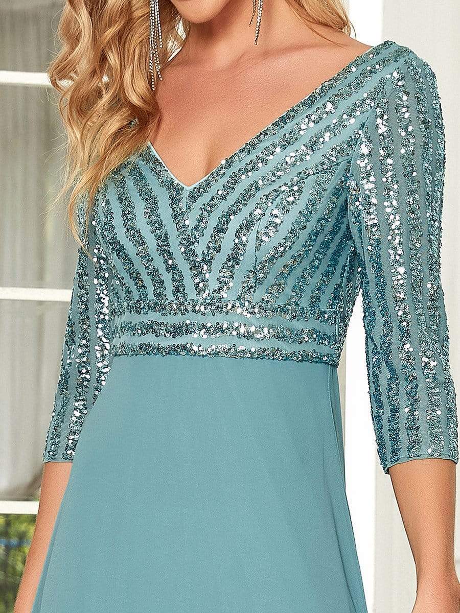 Custom Size Sexy V Neck A-Line Sequin Evening Dresses with 3/4 Sleeve #color_Light Teal