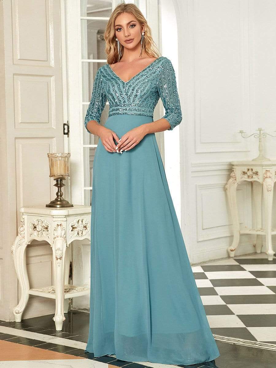 Sexy V Neck A-Line Sequin Evening Dresses with 3/4 Sleeve #color_Dusty Blue
