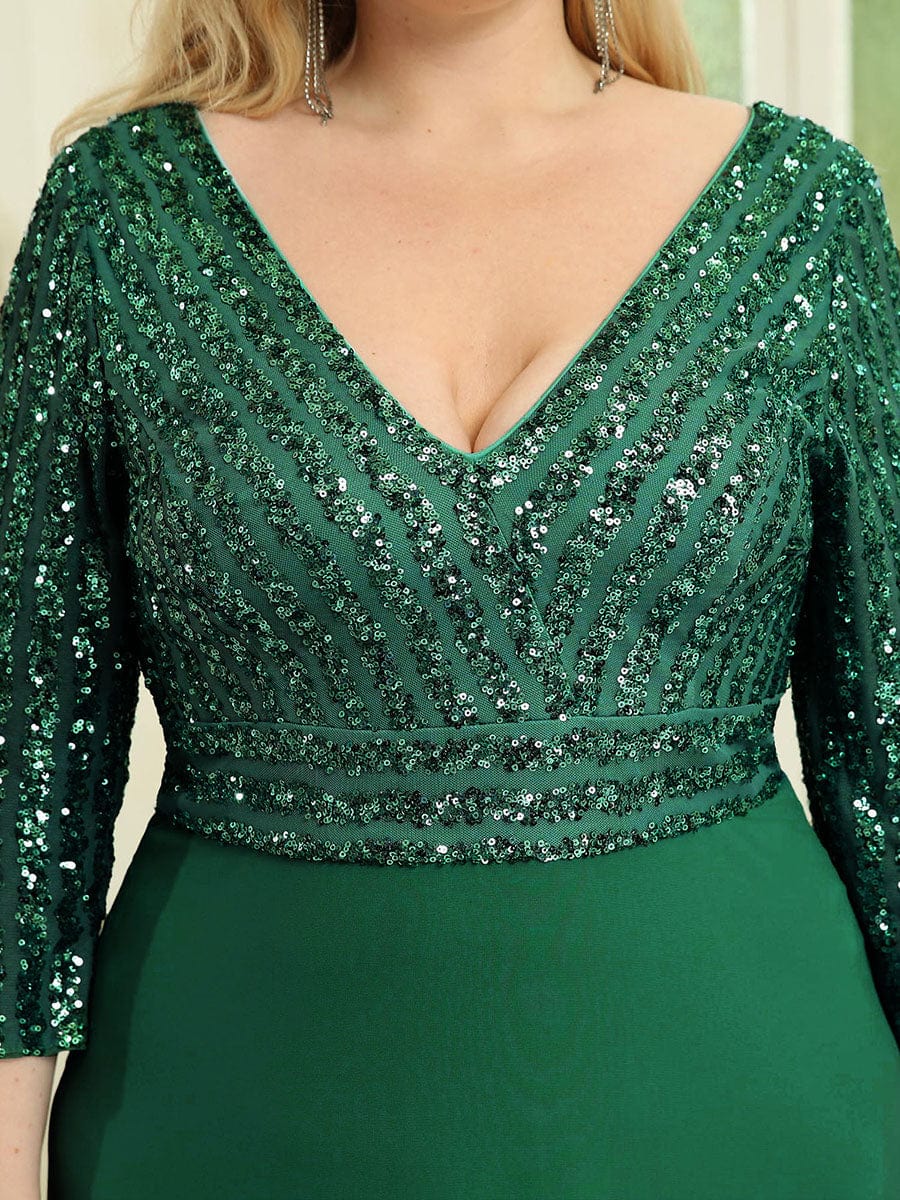 Plus Size Sexy V Neck A-Line Sequin Evening Dress with Sleeve #color_Dark Green