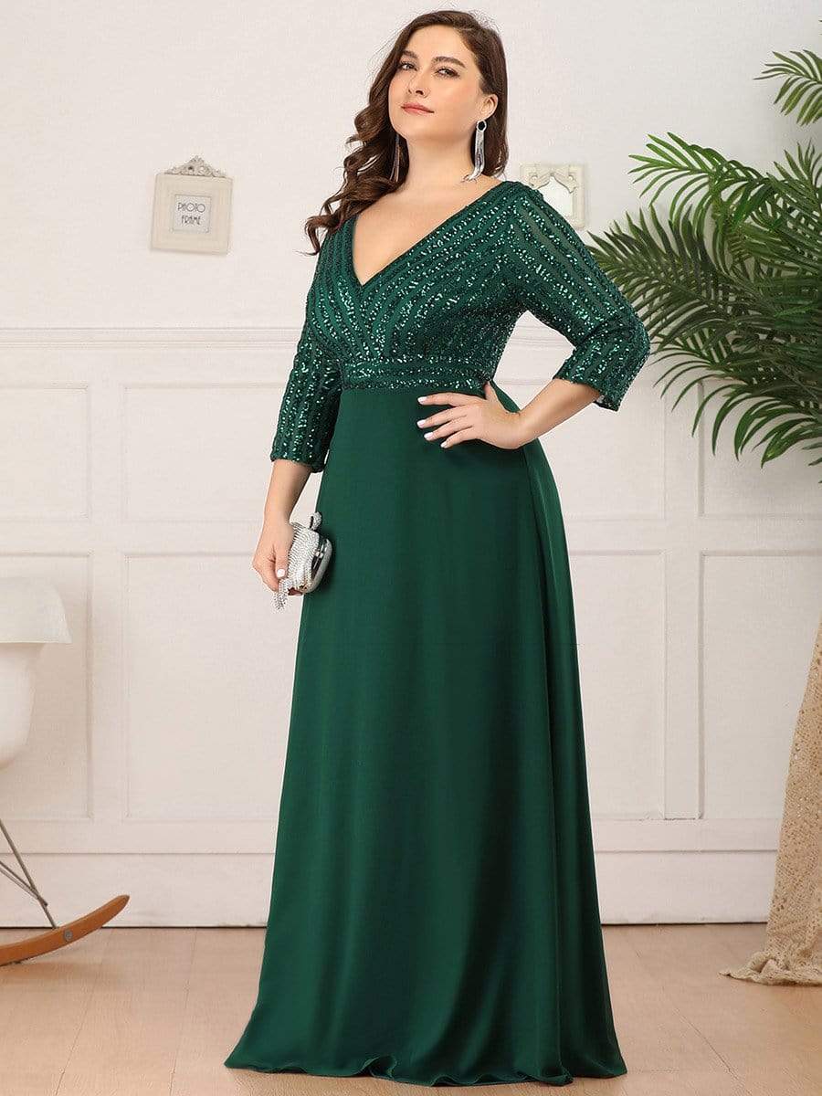 Custom Size Sexy V Neck A-Line Sequin Evening Dresses with 3/4 Sleeve #color_Dark Green