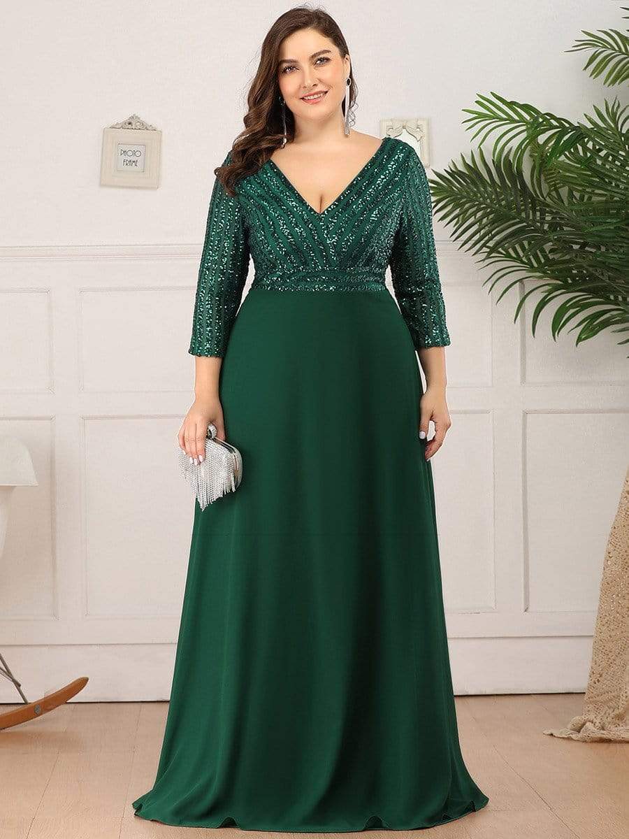 Custom Size Sexy V Neck A-Line Sequin Evening Dresses with 3/4 Sleeve #color_Dark Green