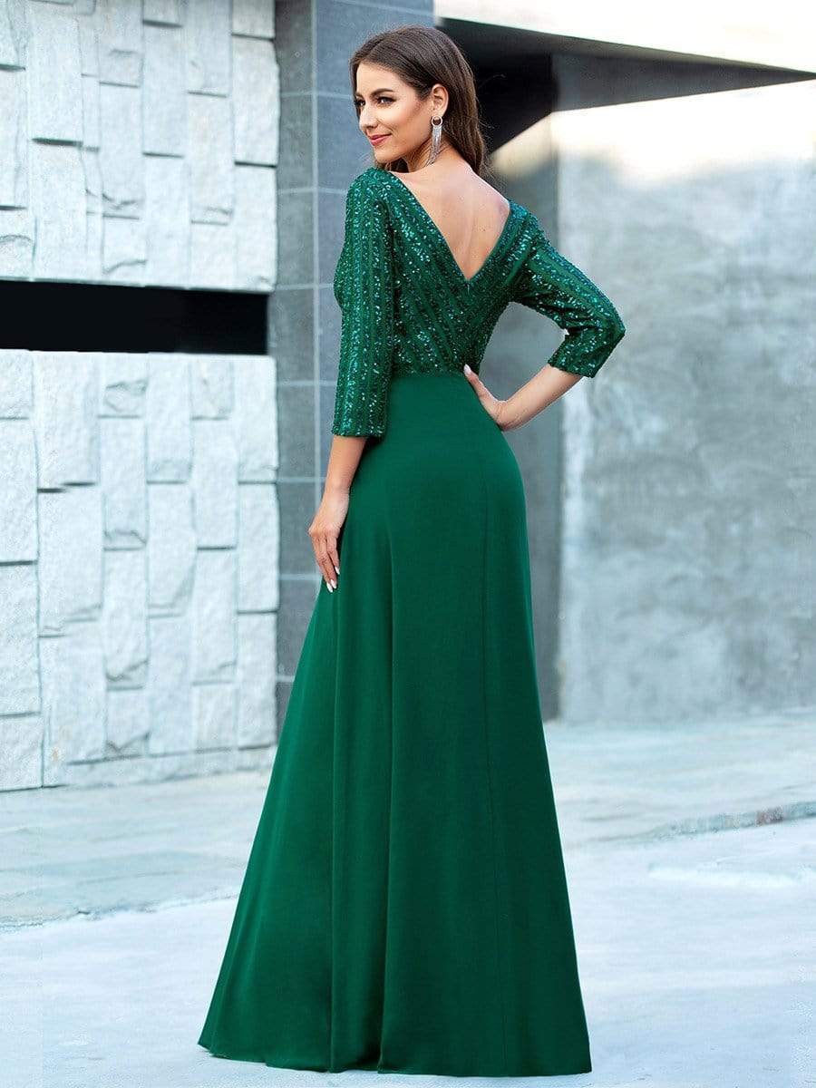 Sexy V Neck A-Line Sequin Evening Dresses with 3/4 Sleeve #color_Dark Green