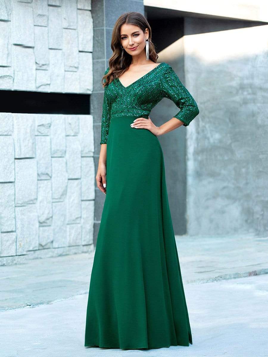 Custom Size Sexy V Neck A-Line Sequin Evening Dresses with 3/4 Sleeve #color_Dark Green