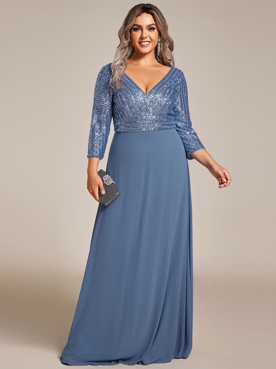Plus Size Sexy V Neck A-Line Sequin Evening Dress with Sleeve #color_Dusty Navy